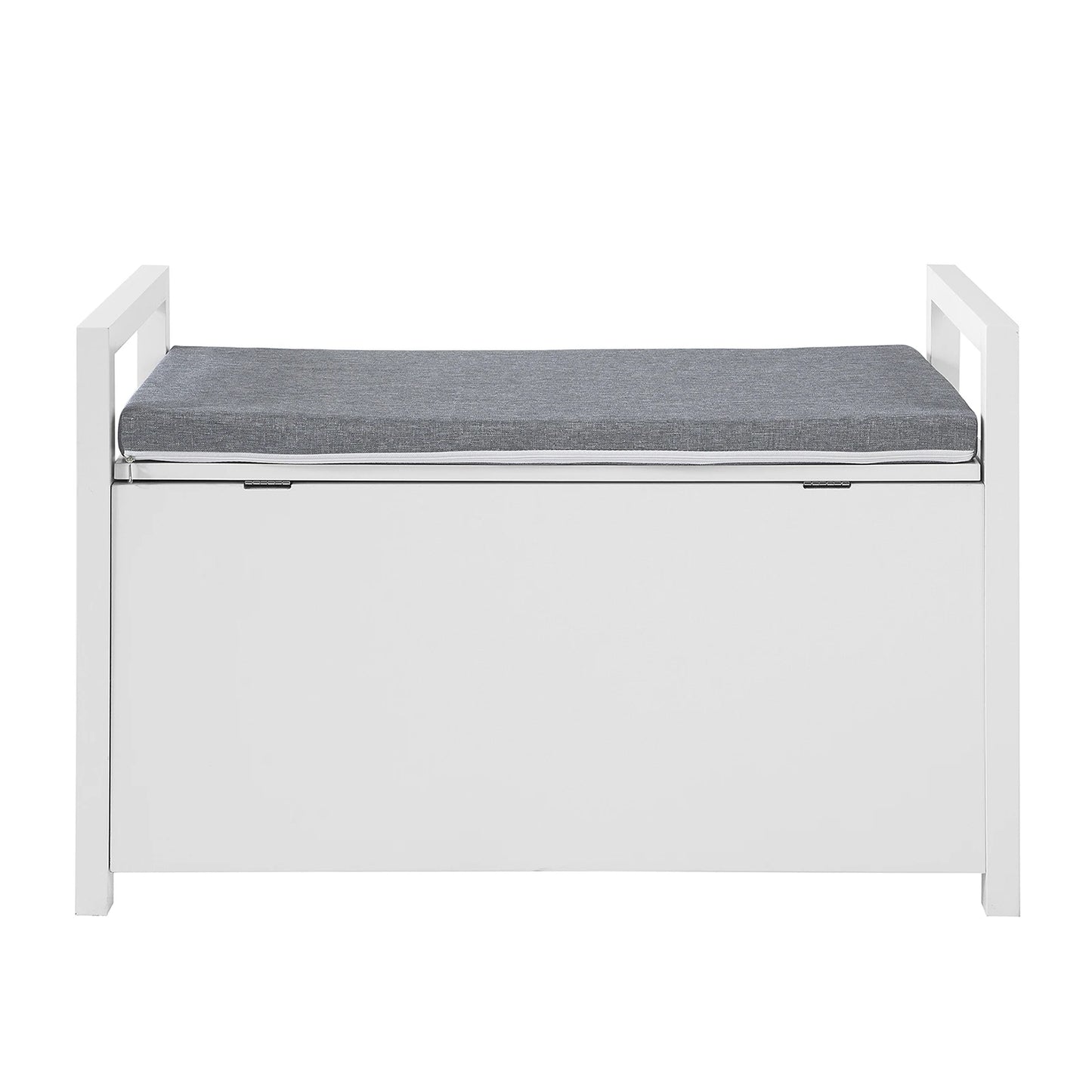 Banc Coffre d’Entrée Scandinave Blanc | Coussin Gris et Rangement Discret