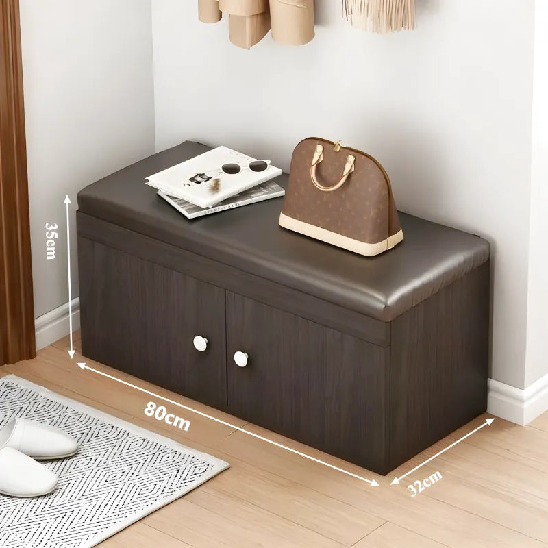 Banc à chaussures Maison Banc avec rangement, design élégant en similicuir noir et bois, idéal pour l'entrée.