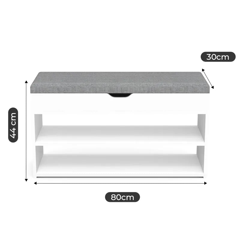 Banc à chaussures Scandinave blanc et gris avec trois niveaux de rangement et coussin de confort, design moderne et pratique.