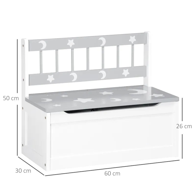 Banc coffre de rangement pour enfant 2-en-1 blanc et gris, design scandinave moderne, avec espace de stockage et assise.