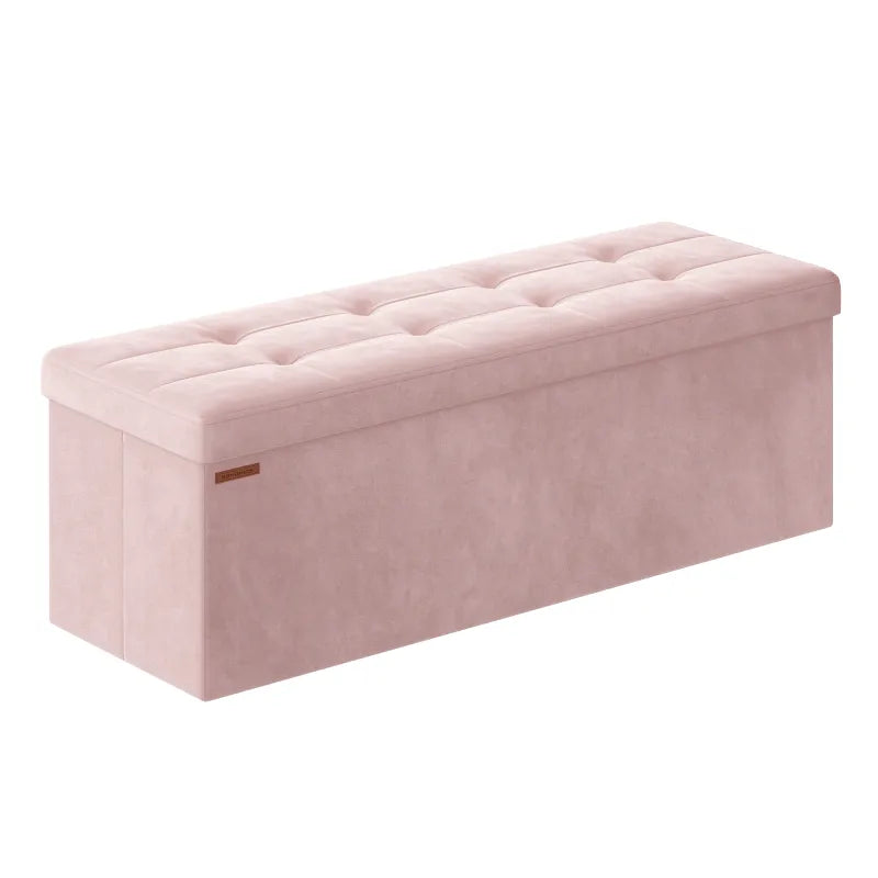 Banc coffre pliable en velours rose avec espace de rangement de 131L, design moderne scandinave, par Maison Banc