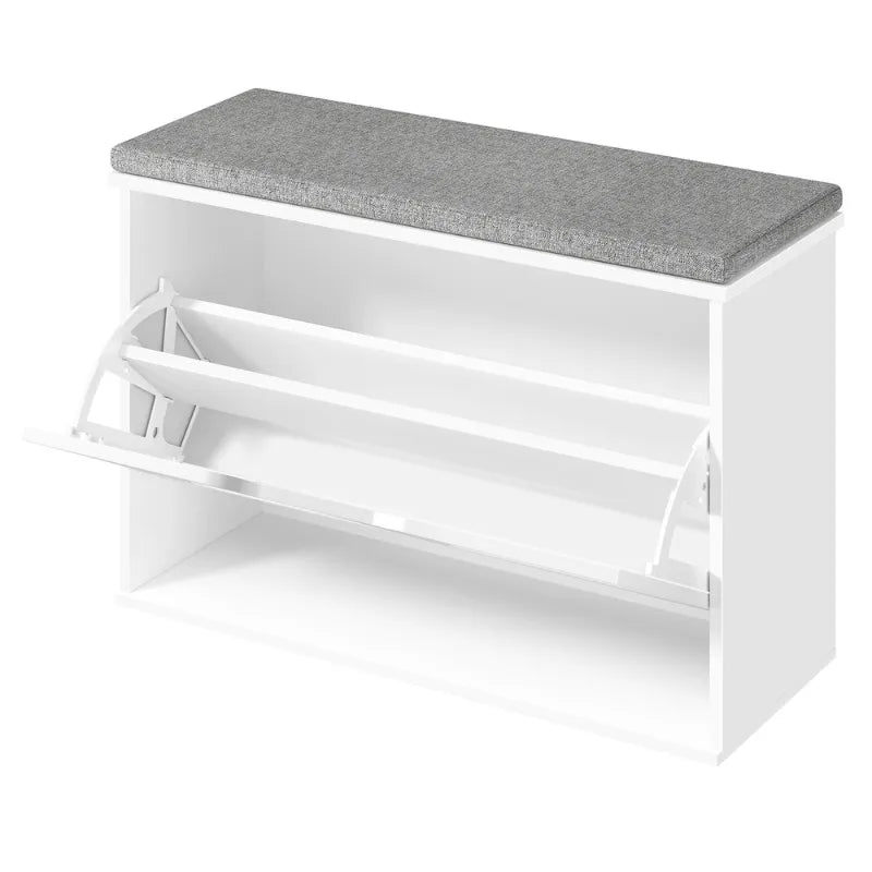 Banc d'entrée design scandinave avec assise rembourrée et rangement à 3 niveaux, en bois clair et style moderne.
