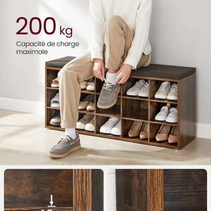 Banc à Chaussures Design Rustique Décoratif avec Coussin | Rangement 15 Compartiments