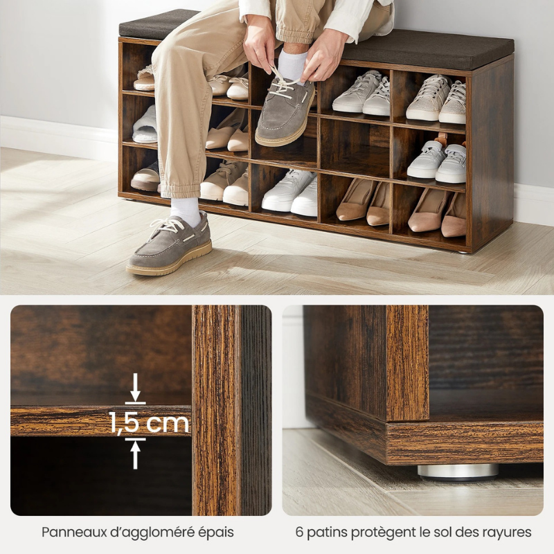 Banc à Chaussures Design Rustique Décoratif avec Coussin | Rangement 15 Compartiments