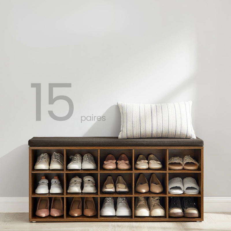 Banc à Chaussures Design Rustique Décoratif avec Coussin | Rangement 15 Compartiments