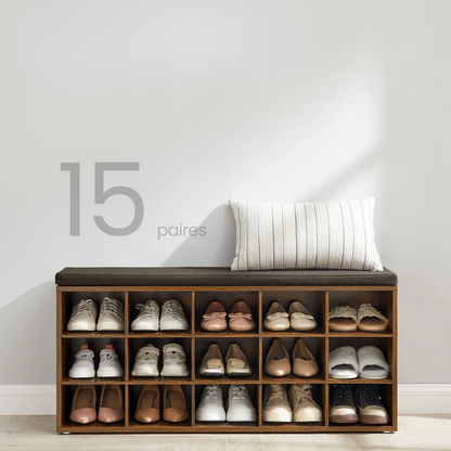 Banc à Chaussures Design Rustique Décoratif avec Coussin | Rangement 15 Compartiments