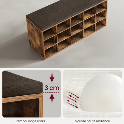 Banc à Chaussures Design Rustique Décoratif avec Coussin | Rangement 15 Compartiments