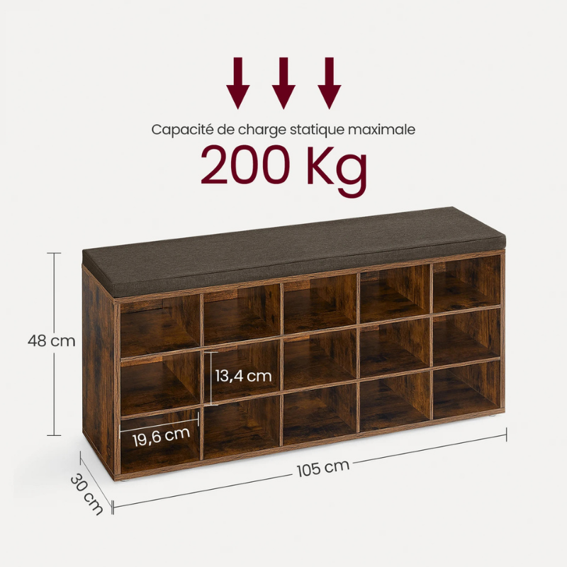 Banc à Chaussures Design Rustique Décoratif avec Coussin | Rangement 15 Compartiments