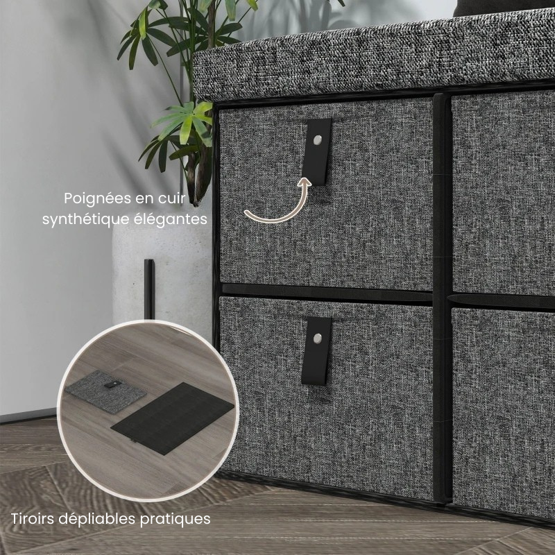 Banc à Chaussures Rembourré Gris | Design Moderne avec 6 Tiroirs de Rangement