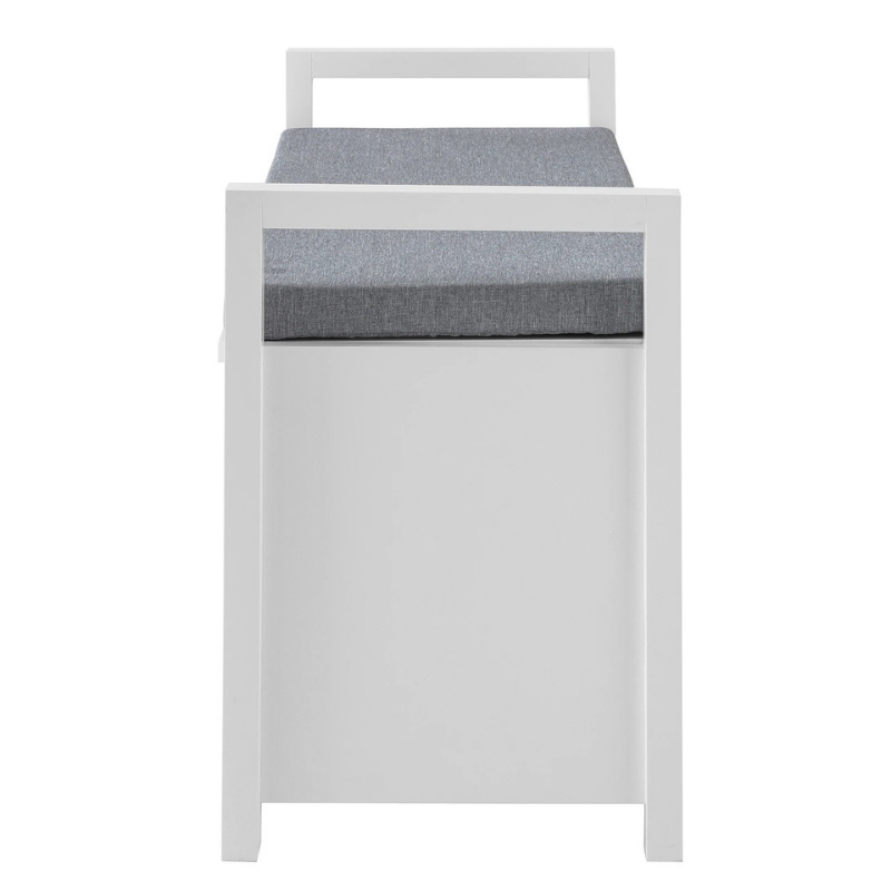 Banc Coffre d’Entrée Scandinave Blanc | Coussin Gris et Rangement Discret