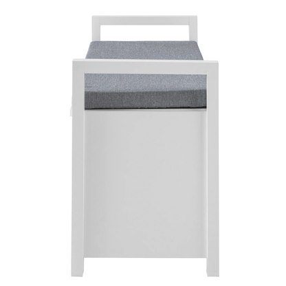 Banc Coffre d’Entrée Scandinave Blanc | Coussin Gris et Rangement Discret