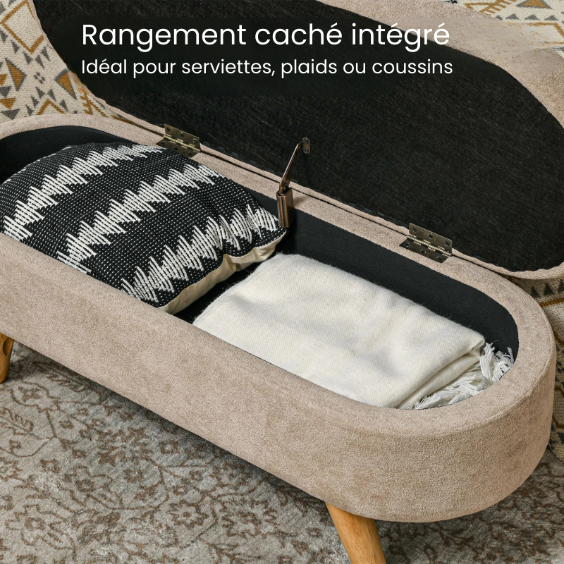 Banc Coffre de Rangement Ovale en Velours Beige | Design Scandinave Élégant