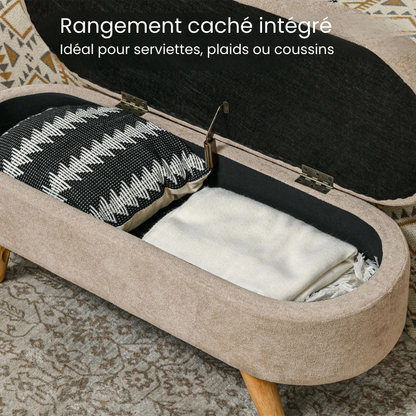 Banc Coffre de Rangement Ovale en Velours Beige | Design Scandinave Élégant