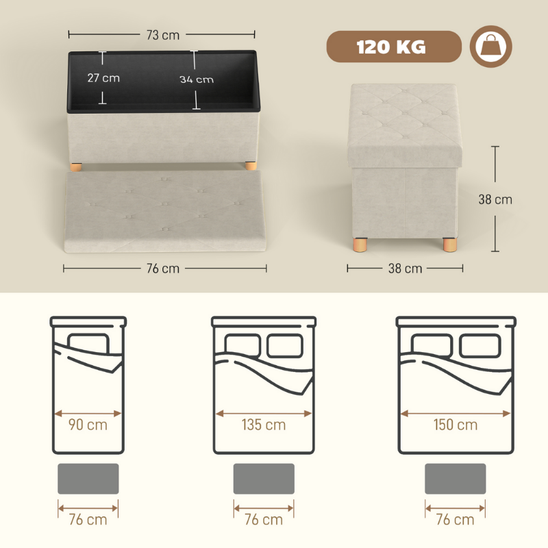 Banc Coffre de Rangement Pliable | Velours Crème et Design Scandinave Élégant