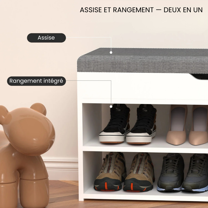 Banc à Chaussures Scandinave Blanc et Gris | Rangement 3 Niveaux avec Coussin Confort