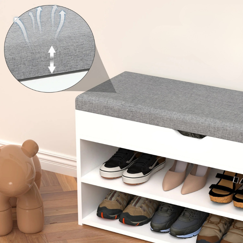 Banc à Chaussures Scandinave Blanc et Gris | Rangement 3 Niveaux avec Coussin Confort