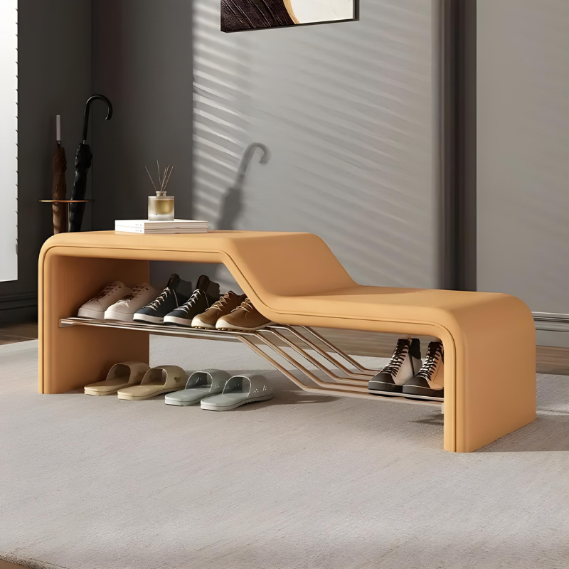 Banc d’Entrée Minimaliste Luxe en Cuir | Assise et Rangement Chaussures