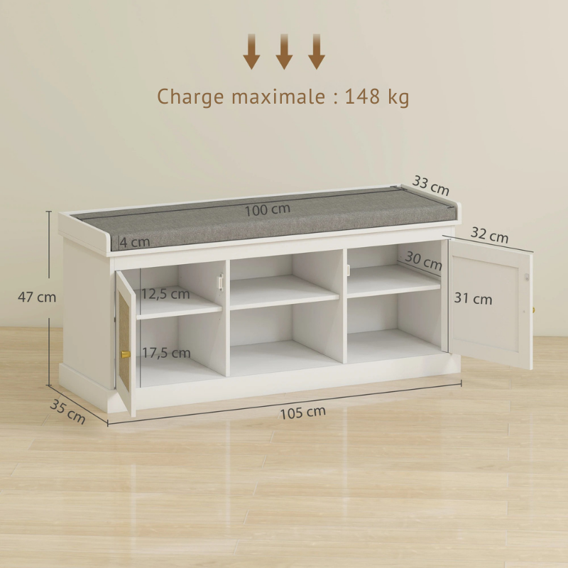 Banc d'entrée Boho Chic Moderne | Rangement 9 Paires et Assise Confort