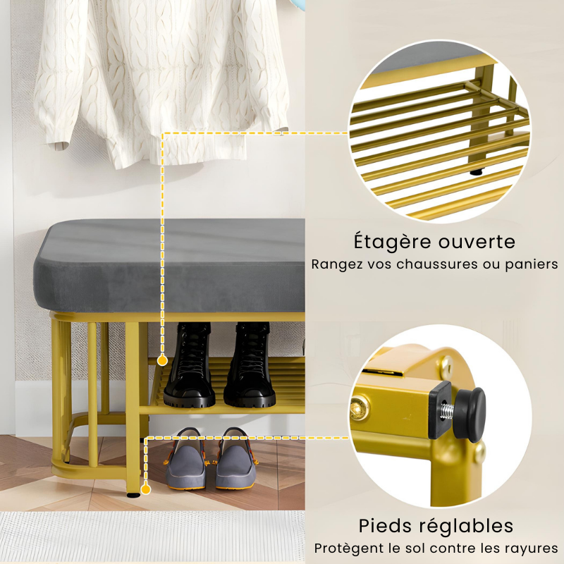 Banc à Chaussures Gris | Assise Velours Confortable et Design Moderne