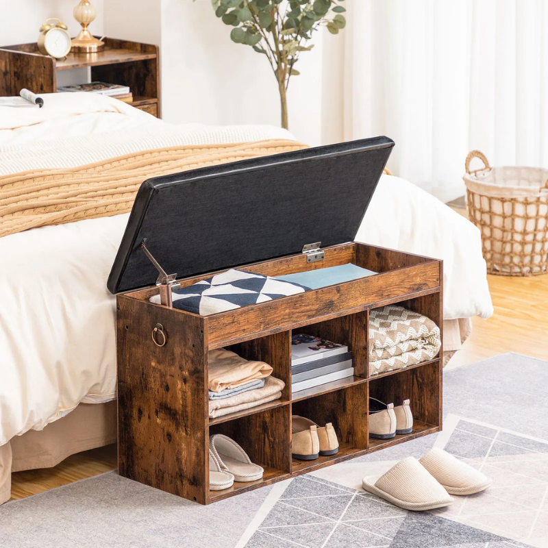 Banc d'entrée à Chaussures en Bois | Design Vintage Minimaliste et Assise Rembourrée