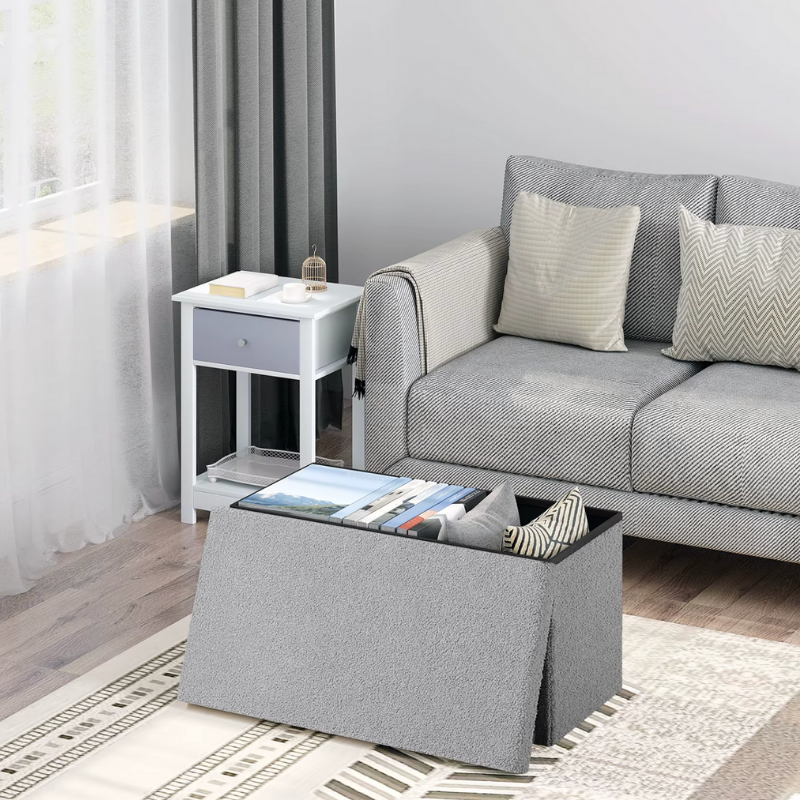 Banc Coffre Pliable en Tissu Teddy | Design Scandinave et Rangement 80L