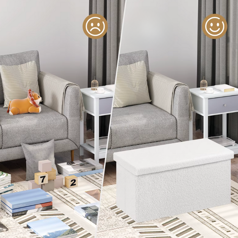 Banc Coffre Pliable en Tissu Teddy | Design Scandinave et Rangement 80L