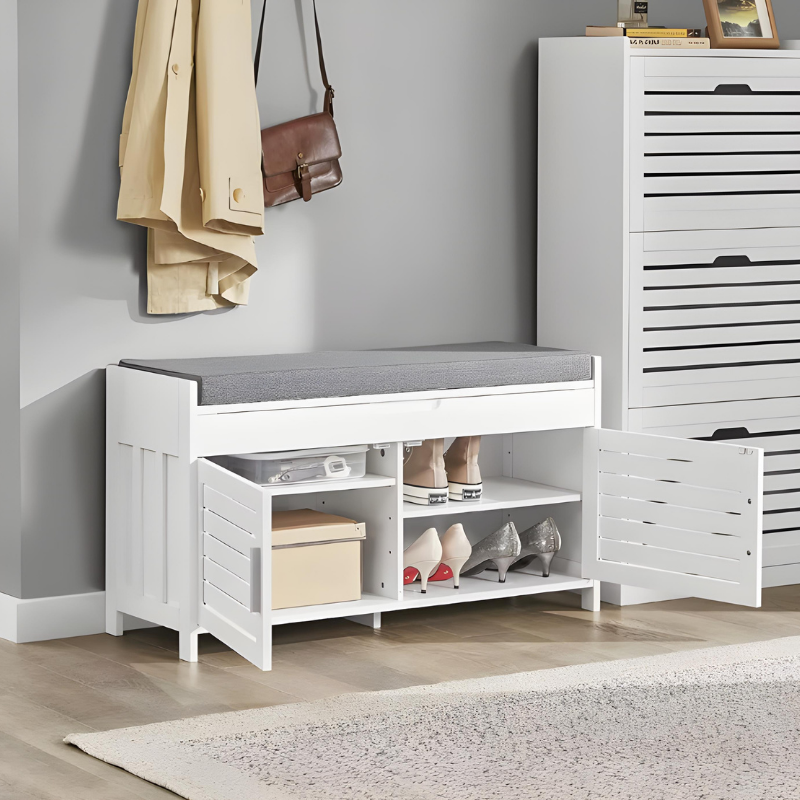Banc Coffre d’Entrée Minimaliste | Design Nordique avec Rangement à Portes