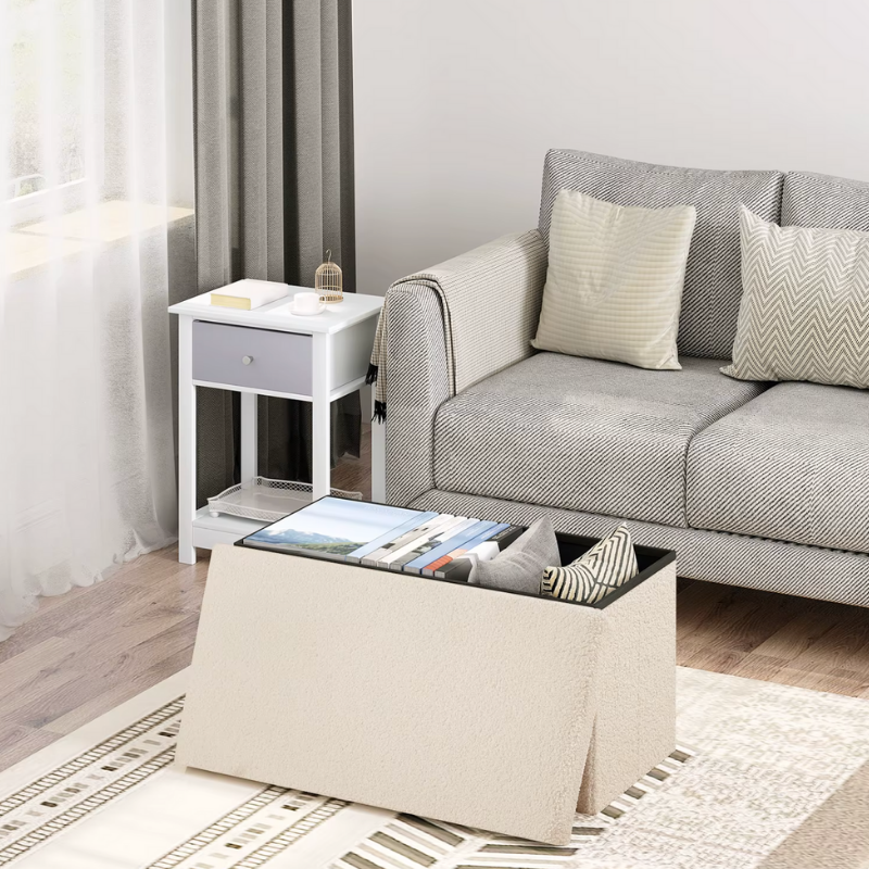 Banc Coffre Pliable en Tissu Teddy | Design Scandinave et Rangement 80L