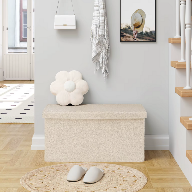 Banc Coffre Pliable en Tissu Teddy | Design Scandinave et Rangement 80L