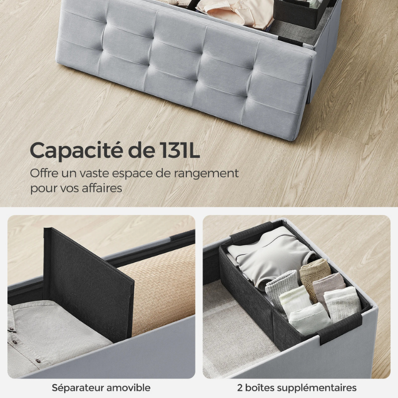 Banc Coffre Pliable en Velours avec 131L de Rangement | Design Moderne Scandinave