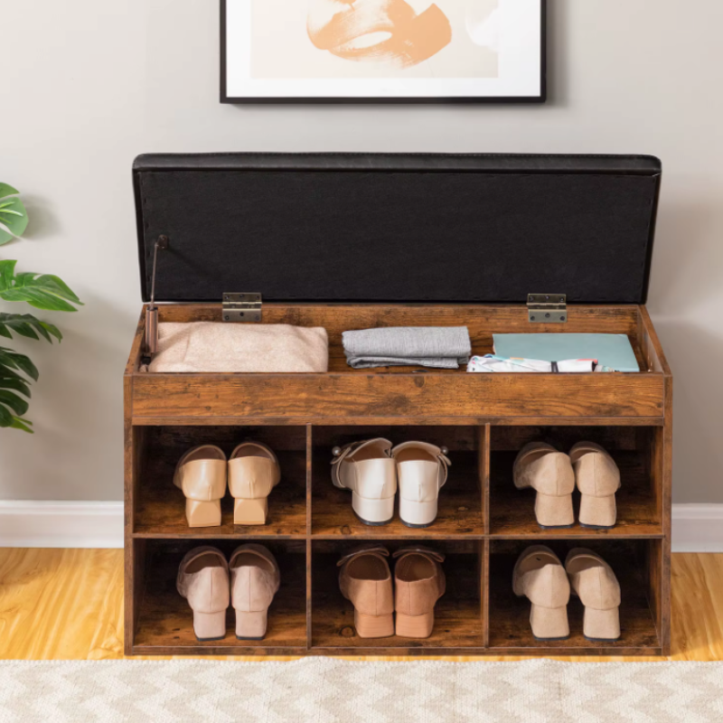 Banc d'entrée à Chaussures en Bois | Design Vintage Minimaliste et Assise Rembourrée