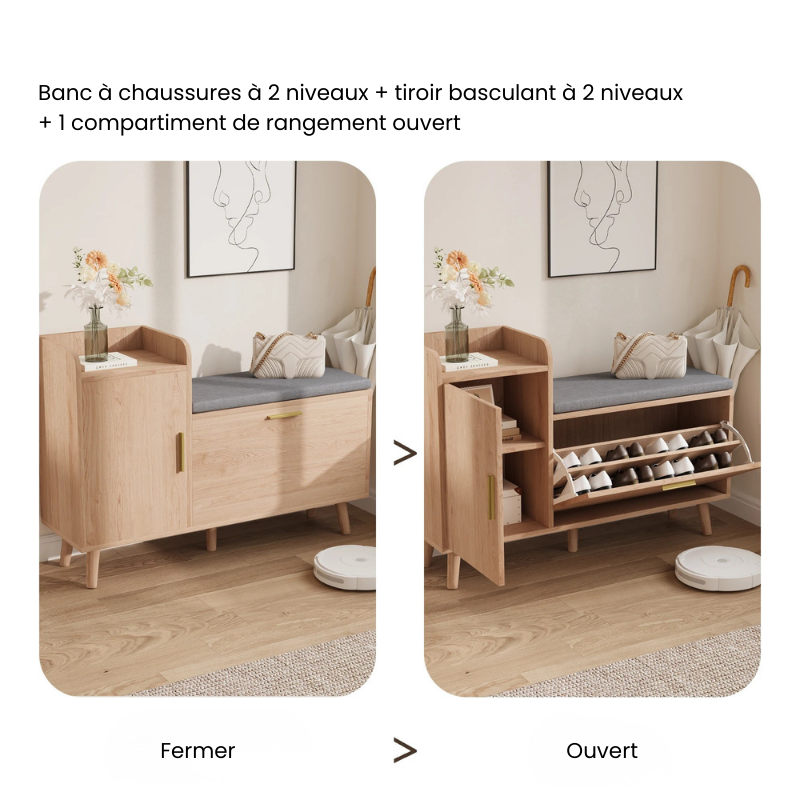 Banc à Chaussures 2 en 1 avec Assise Confort | Style Scandinave et Moderne