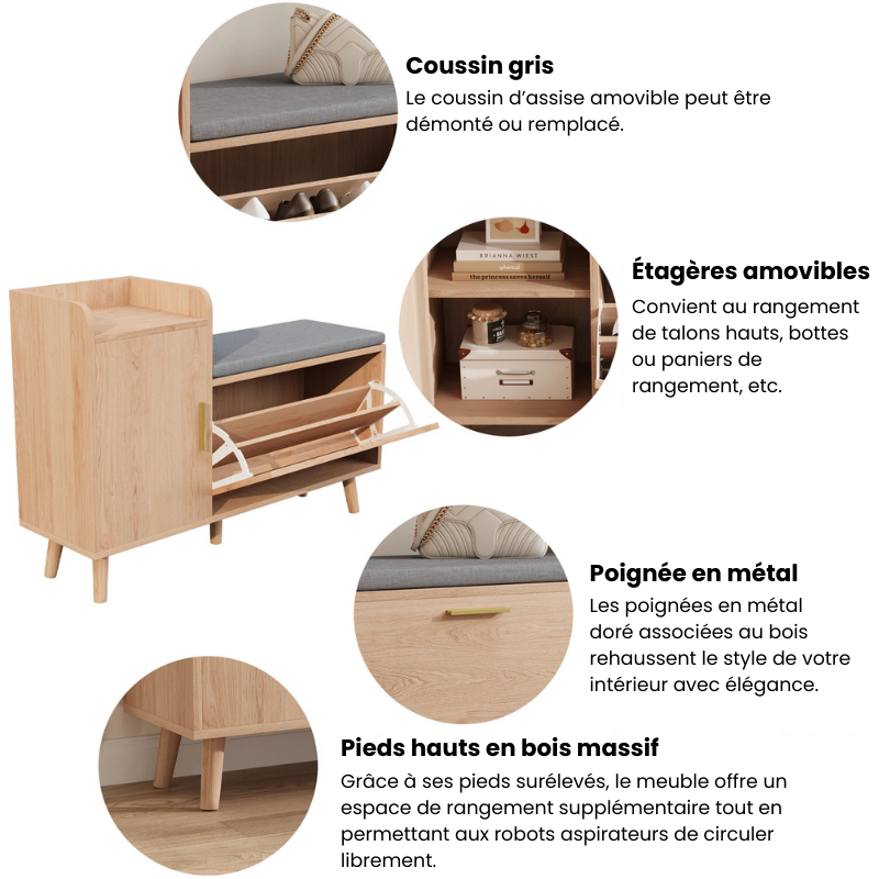 Banc à Chaussures 2 en 1 avec Assise Confort | Style Scandinave et Moderne