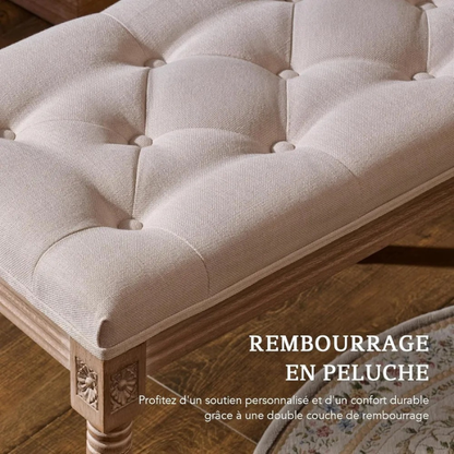 Banc d’Entrée Ottoman de Prestige Beige | Bois Sculpté et Lin Capitonné