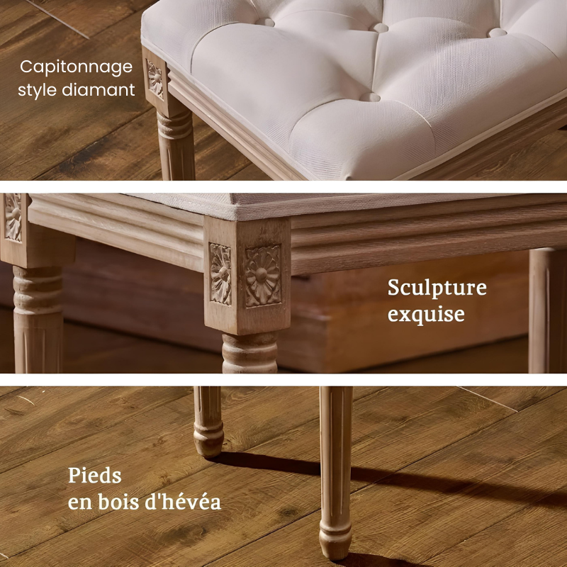 Banc d’Entrée Ottoman de Prestige Beige | Bois Sculpté et Lin Capitonné