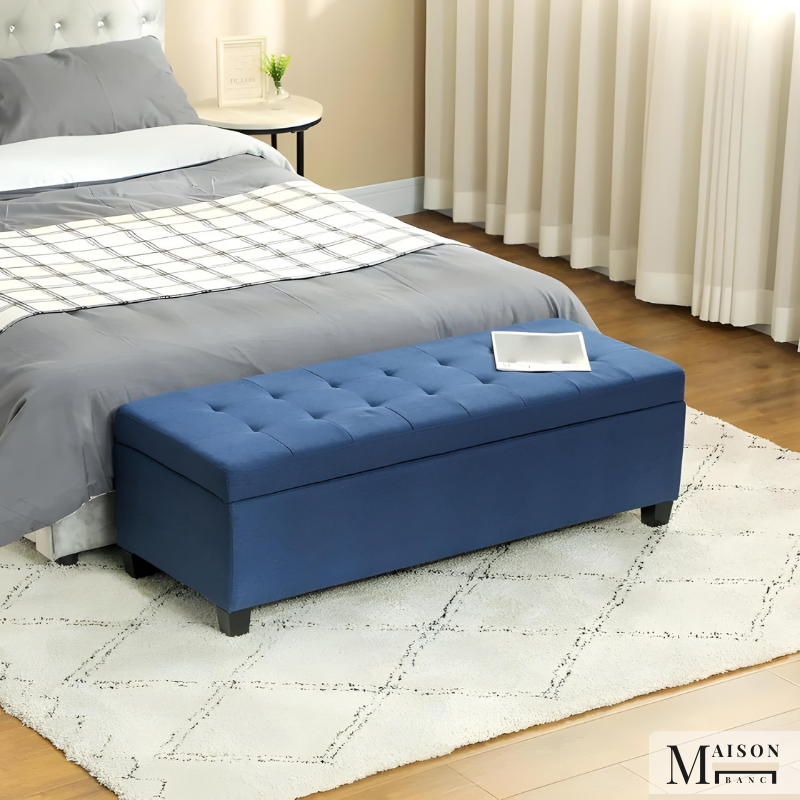 Banc Bout de lit au Design Nordique | Tissu Effet Lin et Finition Bois Naturel