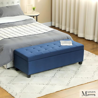 Banc Bout de lit au Design Nordique | Tissu Effet Lin et Finition Bois Naturel