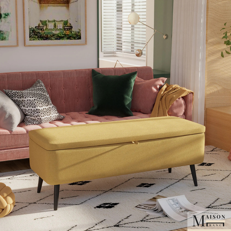 Banc Coffre Design Scandinave Jaune | Assise Rembourrée avec Rangement