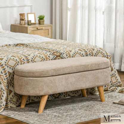 Banc Coffre de Rangement Ovale en Velours Beige | Design Scandinave Élégant