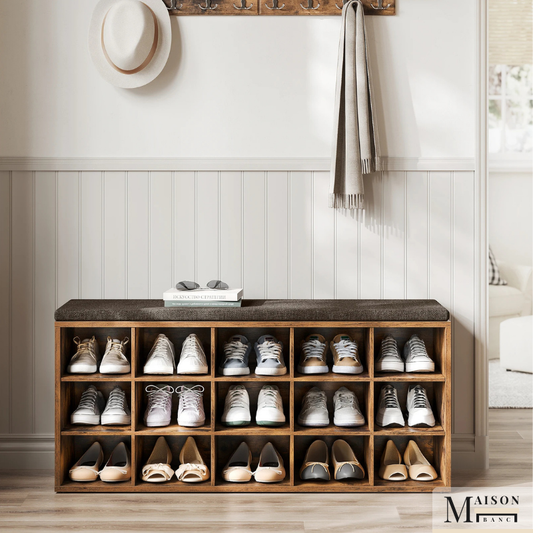 Banc à Chaussures Design Rustique Décoratif avec Coussin | Rangement 15 Compartiments