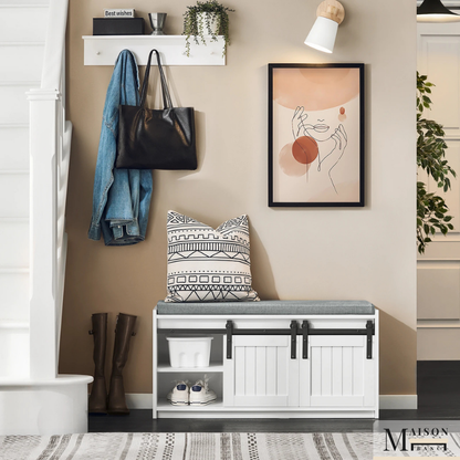 Banc à Chaussures Design Scandinave Blanc | Assise Confort avec Rangement Coulissant