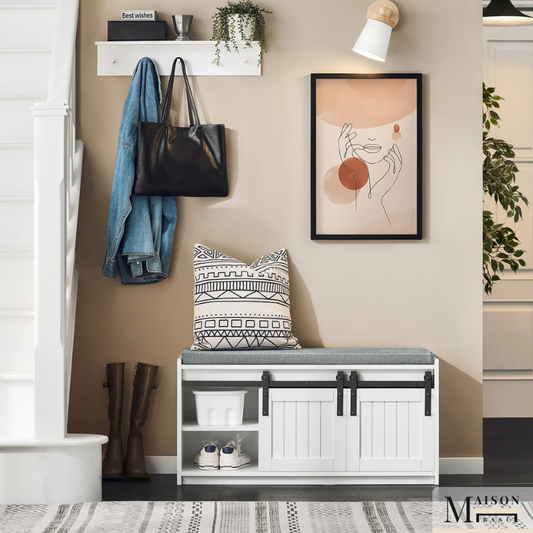 Banc à Chaussures Design Scandinave Blanc | Assise Confort avec Rangement Coulissant