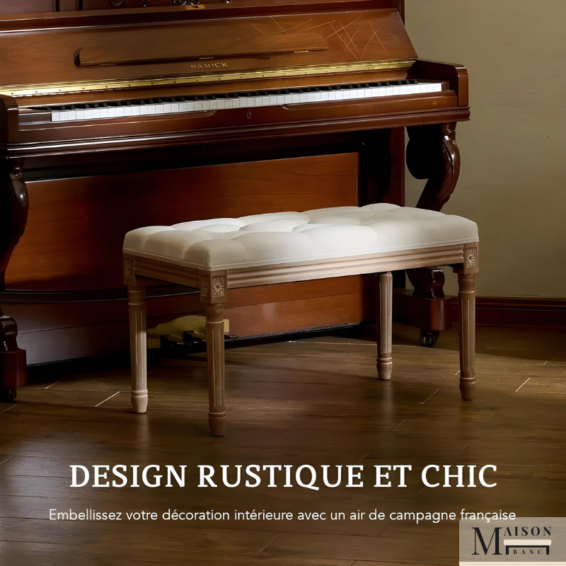 Banc d’Entrée Ottoman de Prestige Beige | Bois Sculpté et Lin Capitonné
