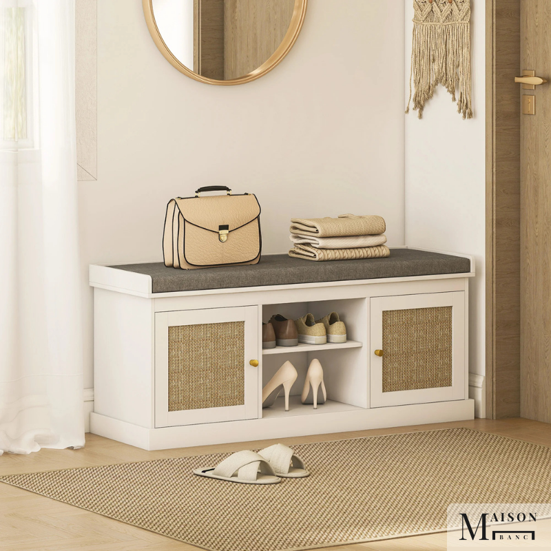 Banc d'entrée Boho Chic Moderne | Rangement 9 Paires et Assise Confort