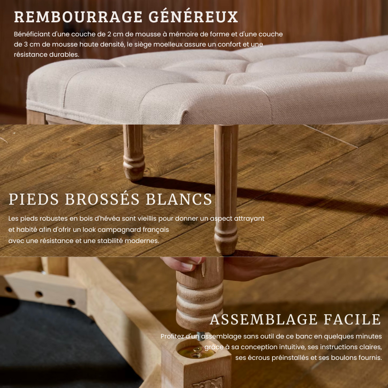 Banc d’Entrée Ottoman de Prestige Beige | Bois Sculpté et Lin Capitonné