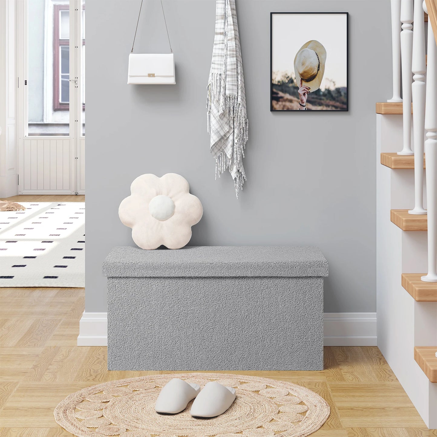 Banc Coffre Pliable en Tissu Teddy | Design Scandinave et Rangement 80L