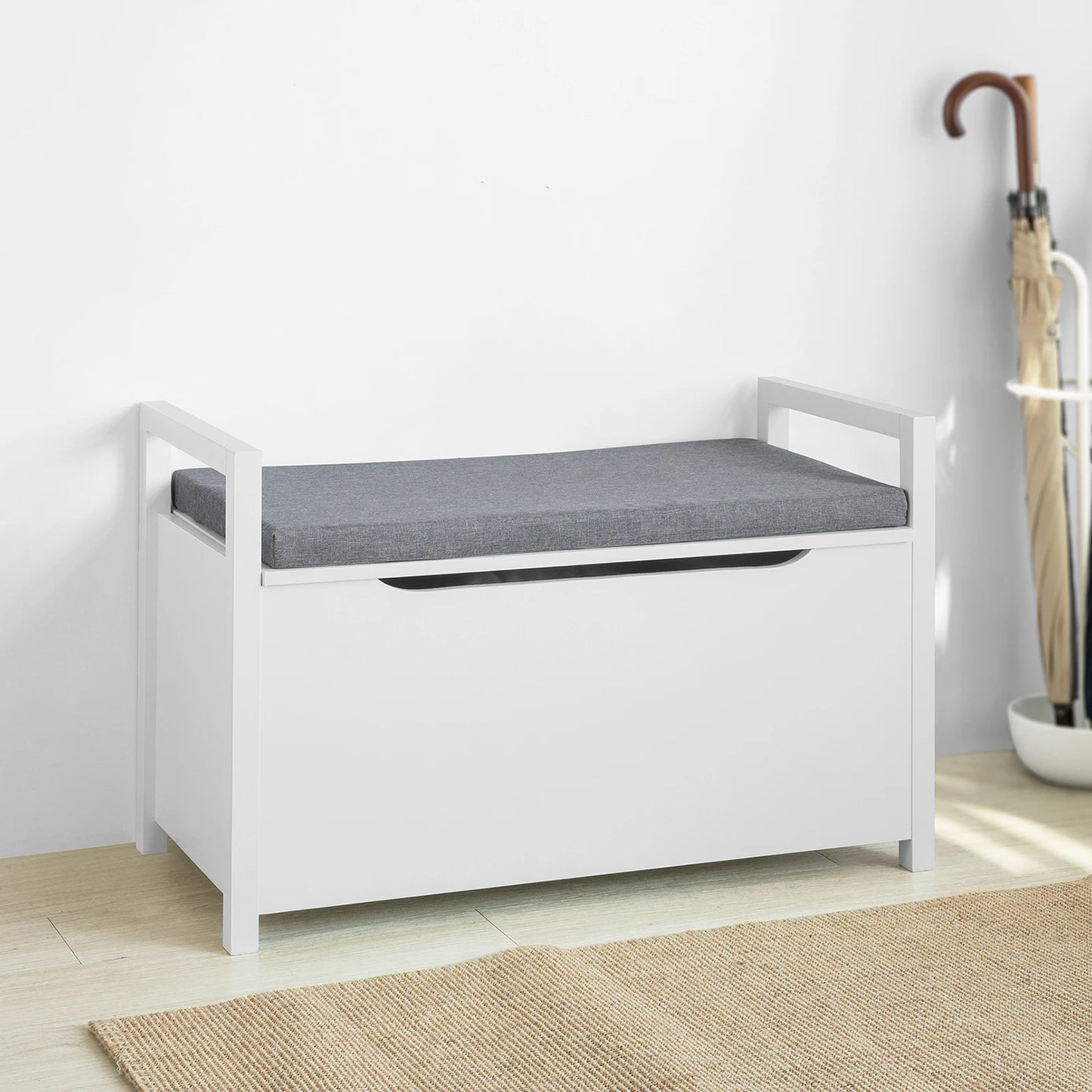 Banc Coffre d’Entrée Scandinave Blanc | Coussin Gris et Rangement Discret