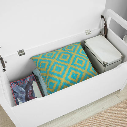 Banc Coffre d’Entrée Scandinave Blanc | Coussin Gris et Rangement Discret