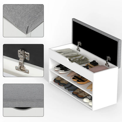 Banc à Chaussures Scandinave Blanc et Gris | Rangement 3 Niveaux avec Coussin Confort