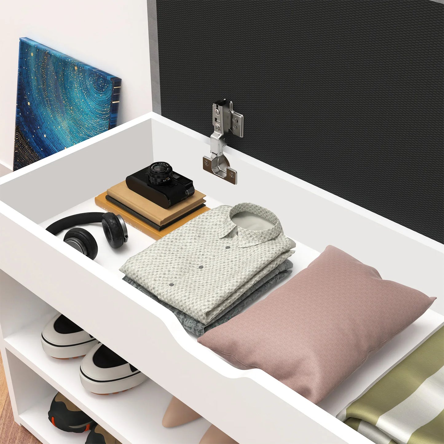 Banc à Chaussures Scandinave Blanc et Gris | Rangement 3 Niveaux avec Coussin Confort